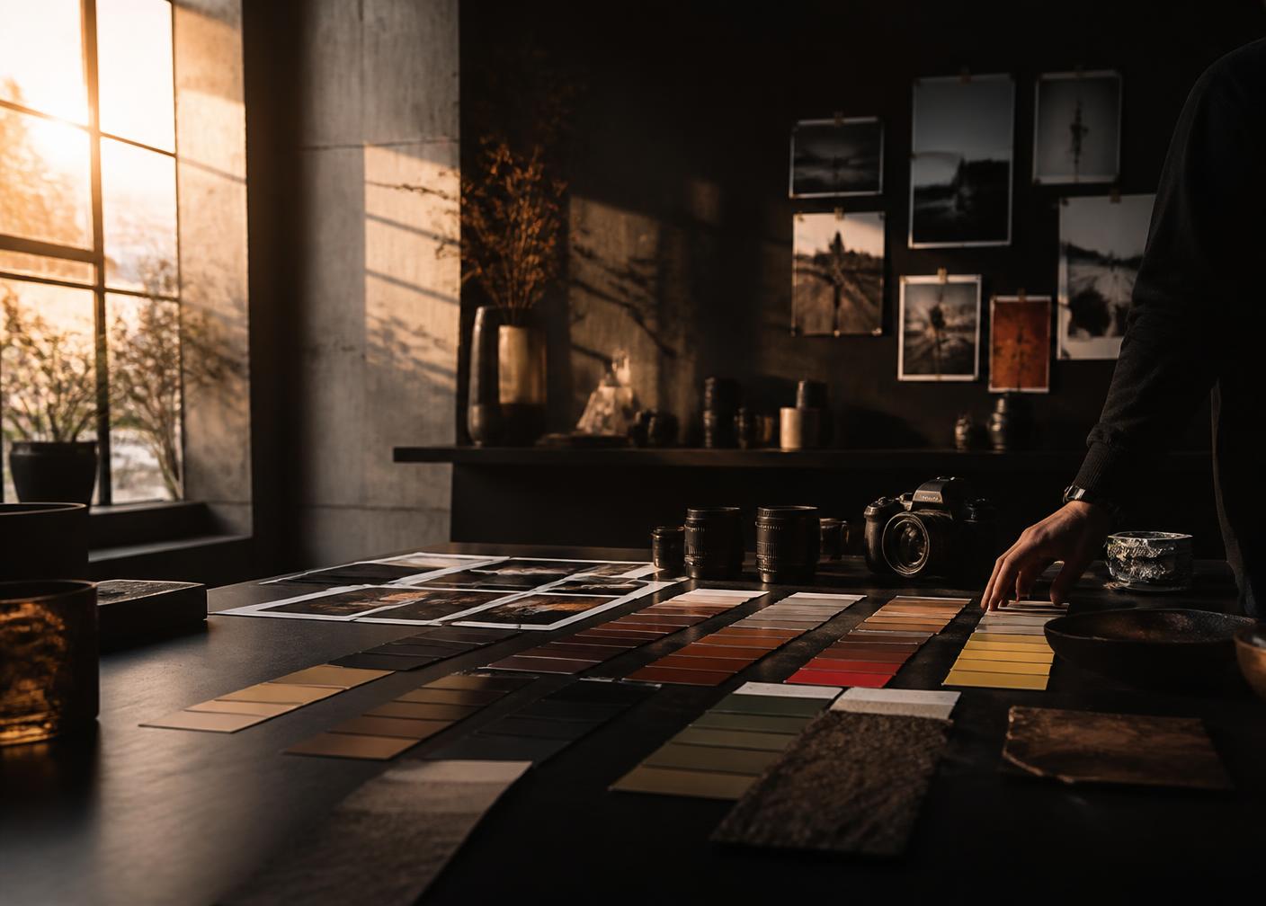Moody studio table of colour swatches and photographic prints in warm window light