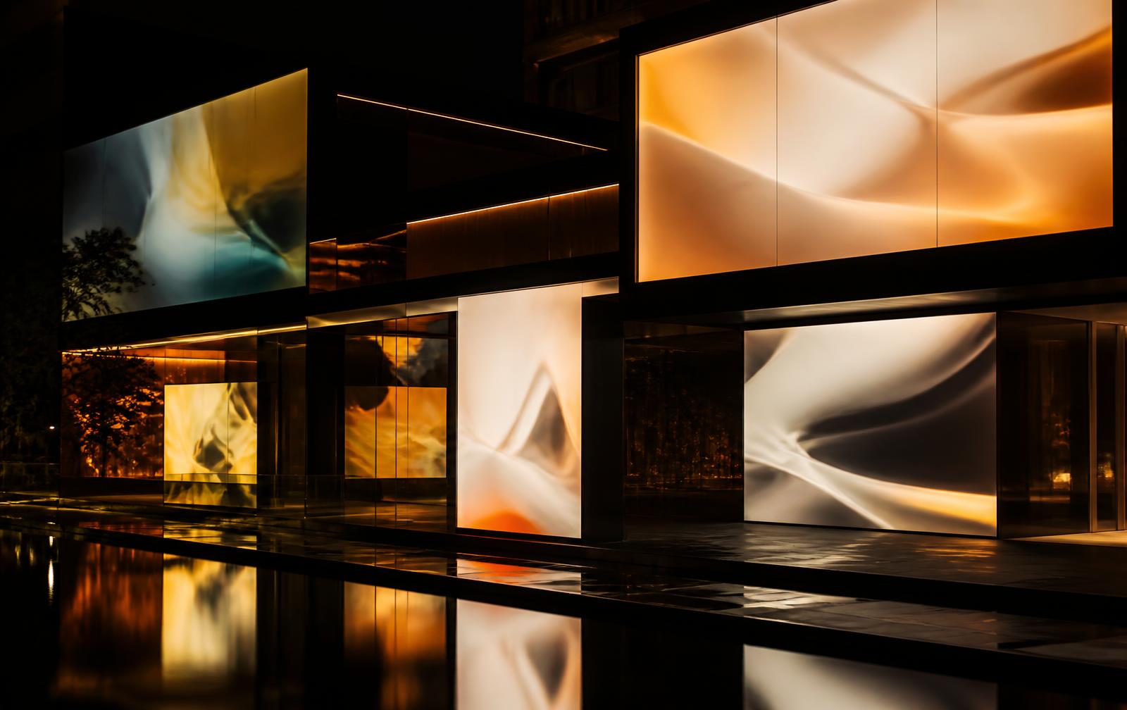 Illuminated display surfaces glowing with abstract colour across a dark structure