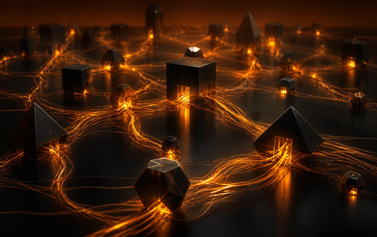 Interconnected glowing amber filaments linking dark geometric forms
