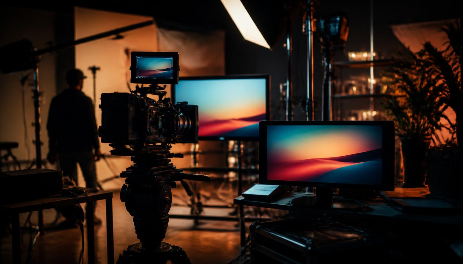Cinema camera, studio lighting and colour-graded monitors in a dark production studio