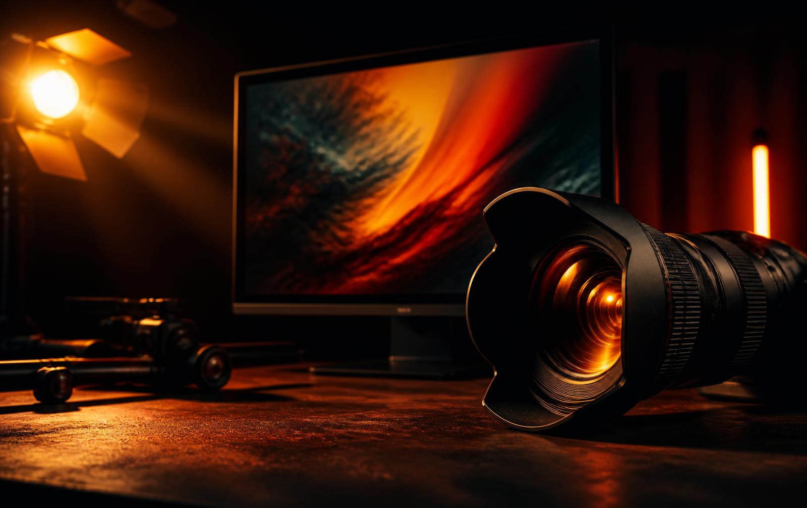 Cinema lens and glowing editing monitor in a dramatically lit studio
