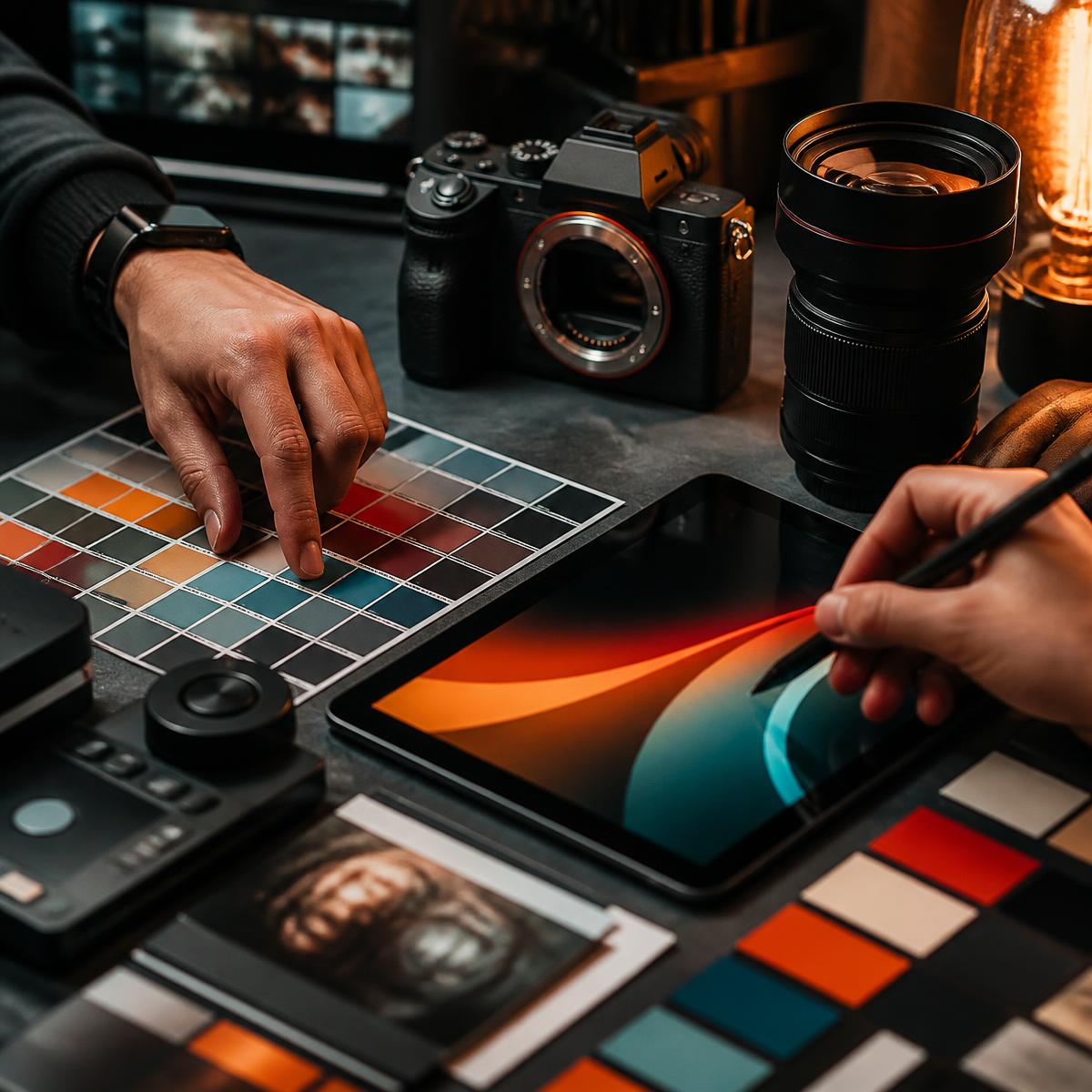 Hands working across a creative production desk with camera, lens and colour swatches