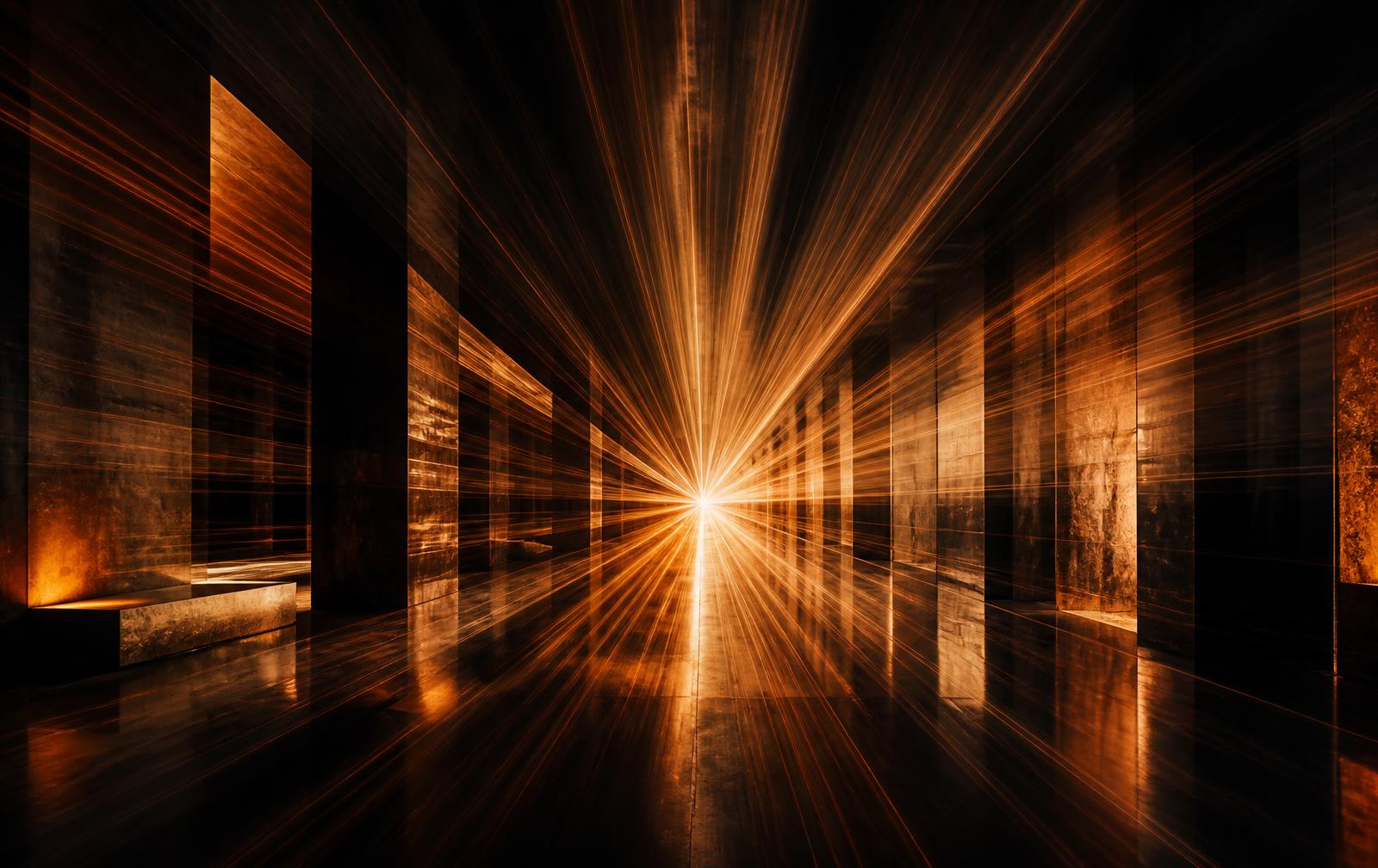 Interconnected glowing amber filaments linking dark geometric forms
